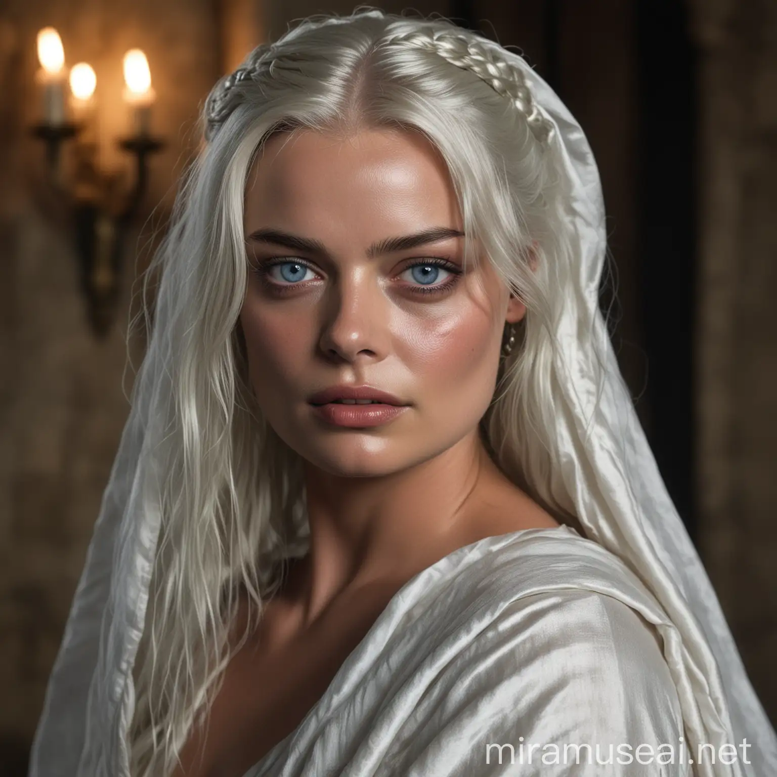 Margot Robbie en tant que jeune princesse de 15 ans de la Maison Targaryen de l'Ancienne Valyria aux yeux clairs avec de longs cheveux blancs-argentés détachés, couverte d'un simple drap de soie blanc dans une chambre sombre du château, regardant avec le regard rougis de larmes son amant

