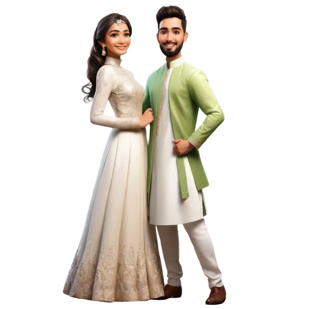 Cute Muslim engagement caricature groom in indo western dress and bride in gown
