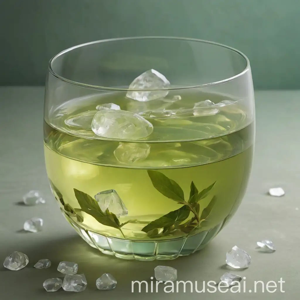 Teh hijau amami dalam gelas berbentuk oval dengan es kristal di dalamnya 