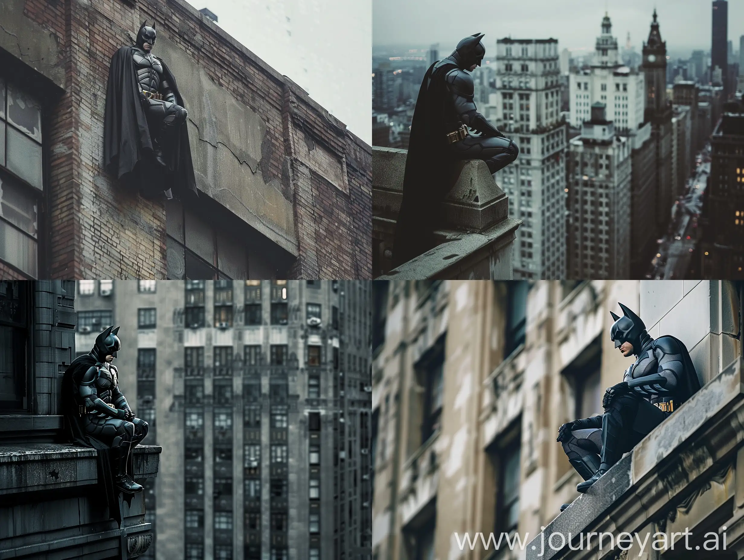 an urban photo of batman perched on a building, taken from a distance