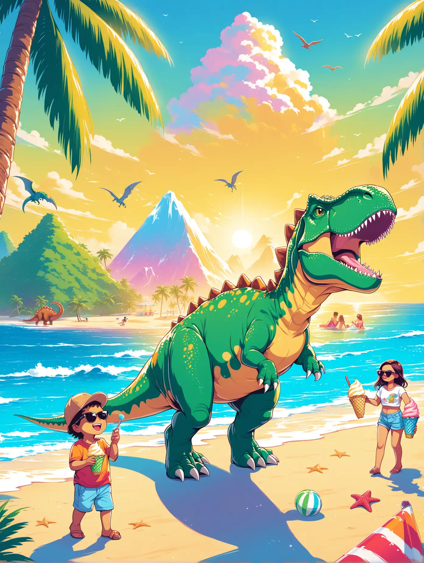 Dinosaurs Enjoying Beach Day with Ice Cream and Sunglasses