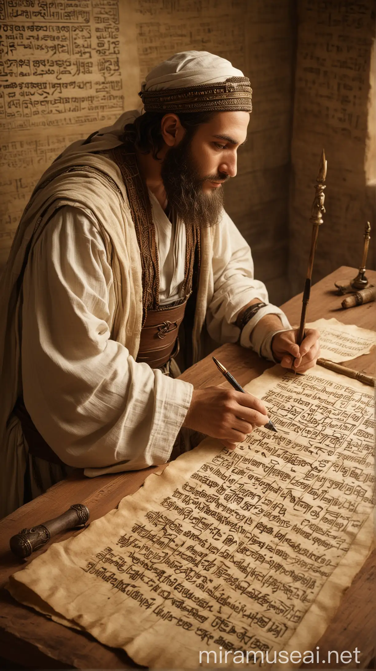 Illustrate a scene from 1 Chronicles 9:4, showing a scribe recording historical events. Include a human figure dressed in traditional ancient Hebrew attire, actively writing on a scroll with a detailed depiction of ancient Hebrew script in the background."In ancient world 