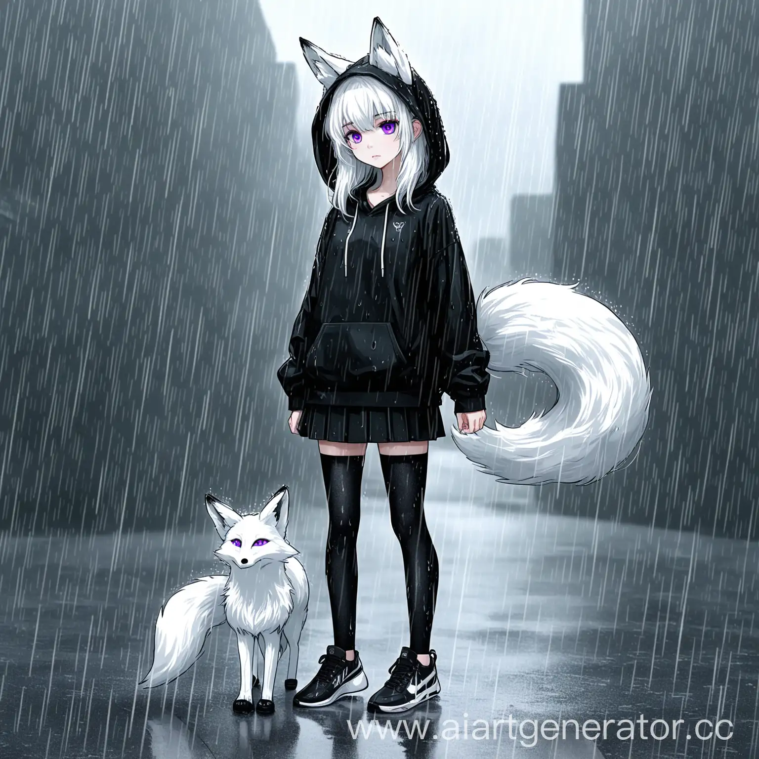 WhiteHaired-Girl-with-Fox-Ears-and-Tail-Walking-with-Foxling-in-the-Rain