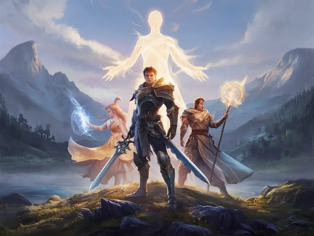 an mmo rpg fantasy like wallpaper for a three persons, a male warrior and a mage and a human made of light