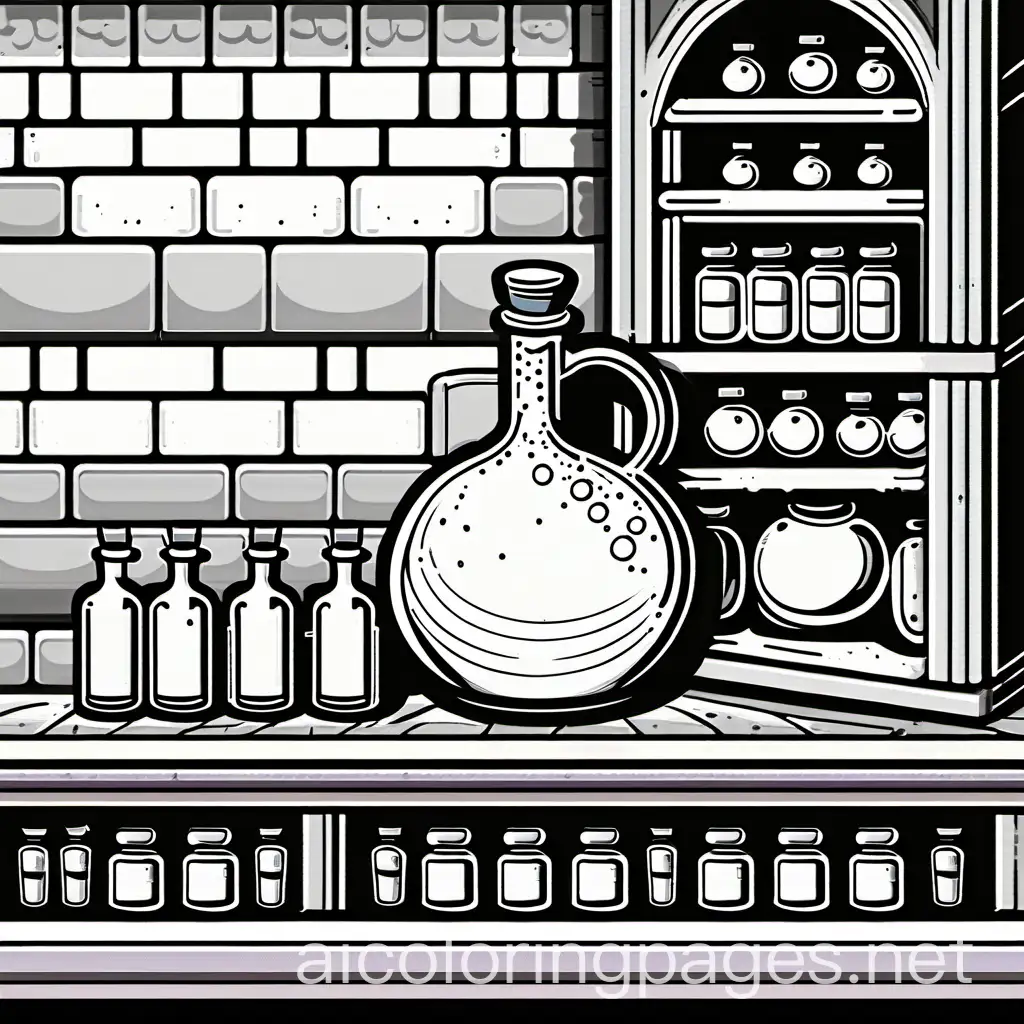 a magical potion sitting on a bare shelf in a dungeon, Coloring Page, black and white, line art, white background, Simplicity, Ample White Space. The background of the coloring page is plain white to make it easy for young children to color within the lines. The outlines of all the subjects are easy to distinguish, making it simple for kids to color without too much difficulty