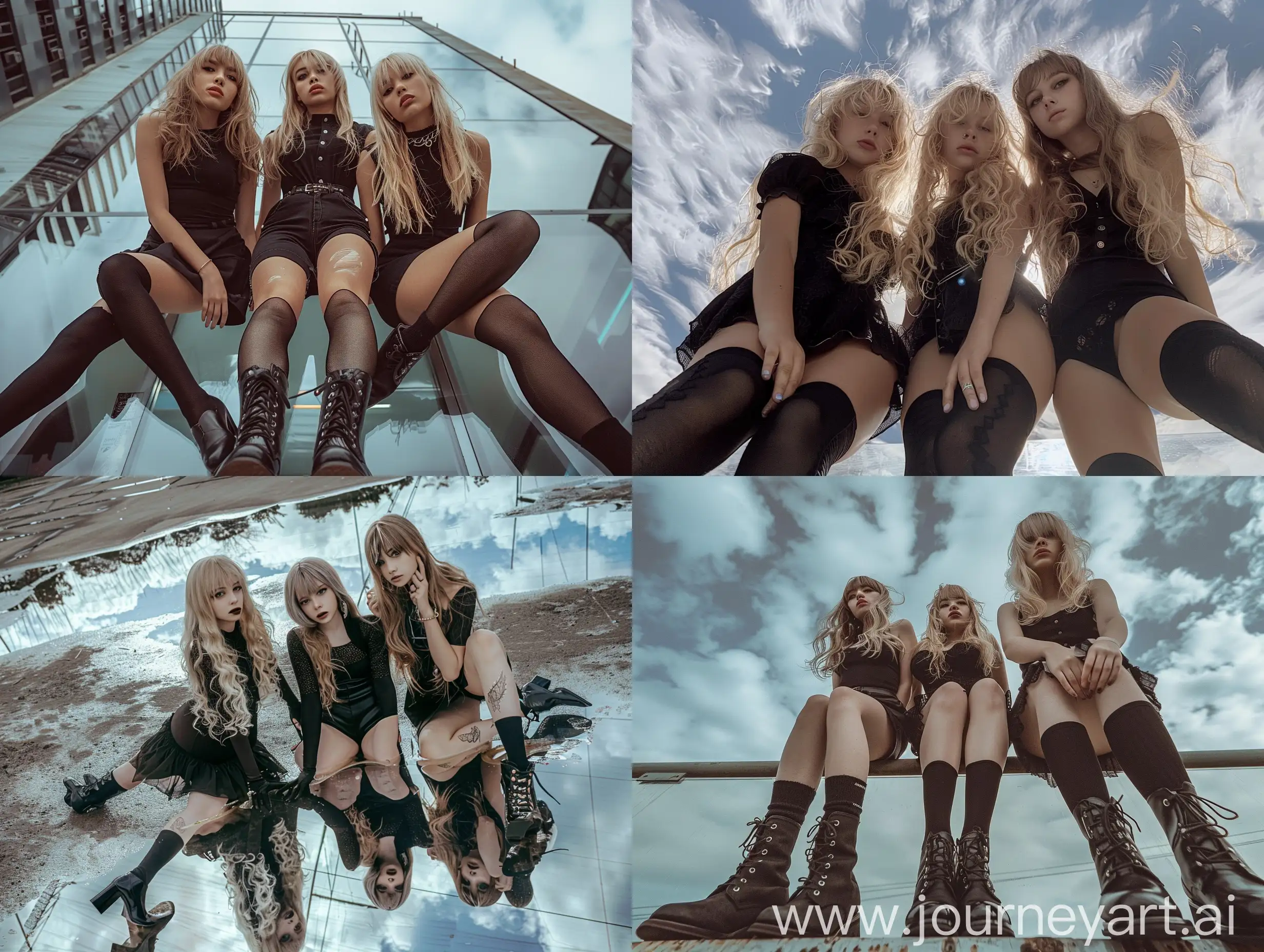 Three-Young-Women-in-Black-Dresses-Posing-Playfully-on-Glass-Rooftop