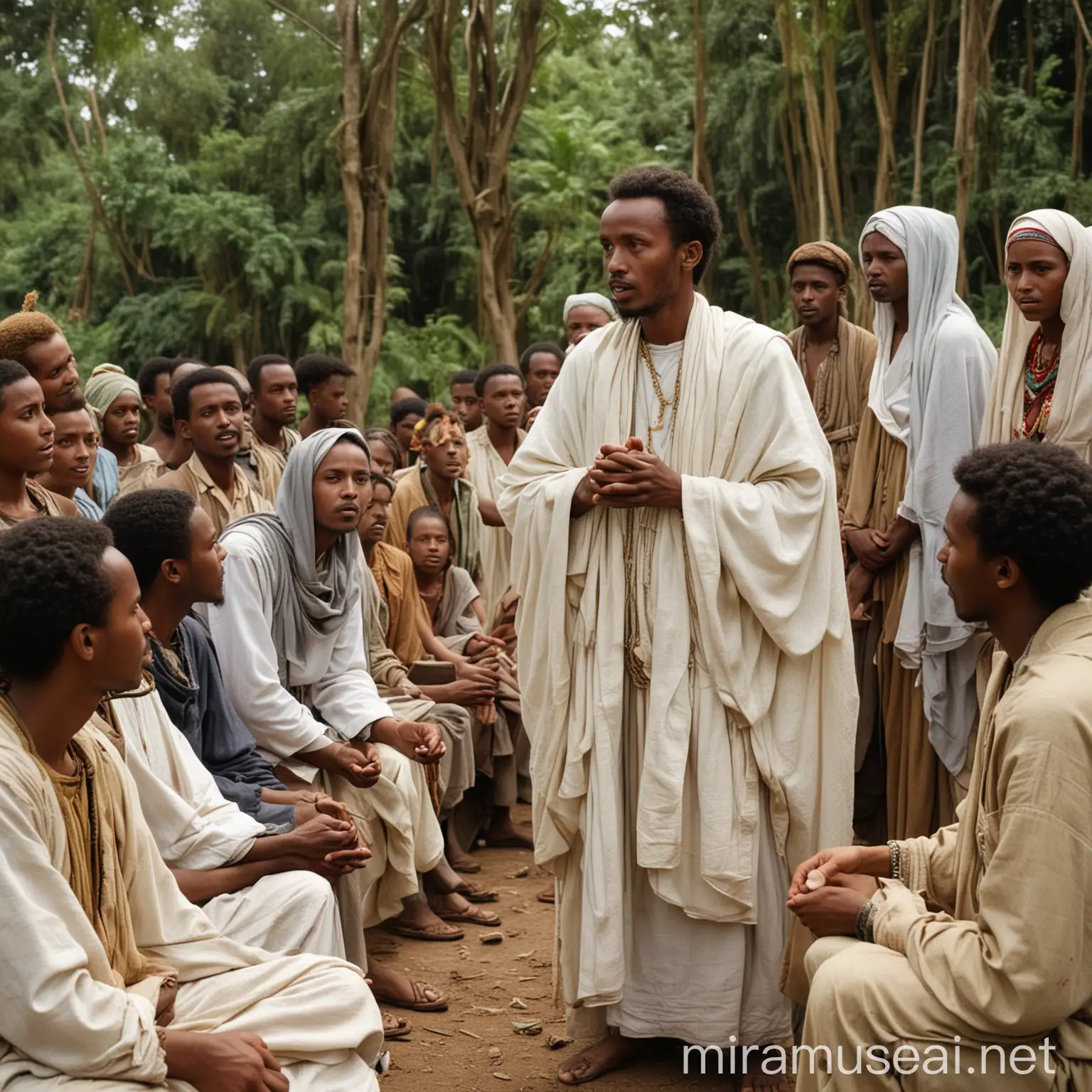 A young Ethiopian prophet, discusses with a group of men and women, in a village, in the jungle, wearing flowing  garments 