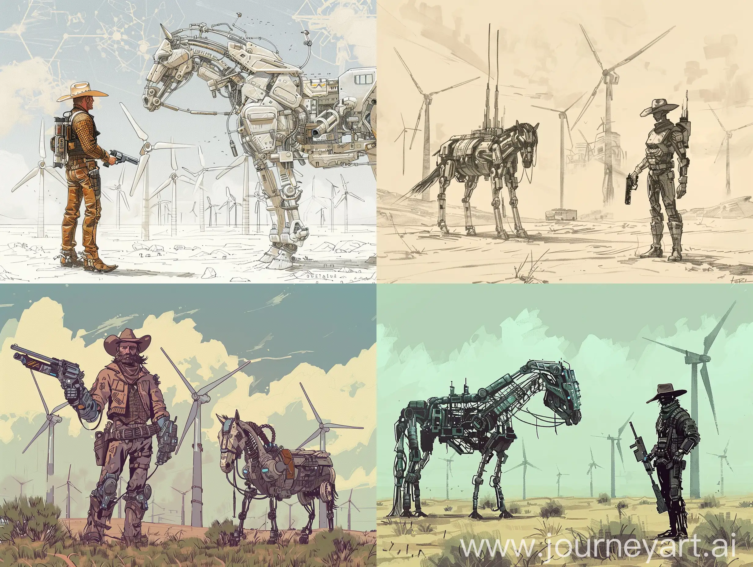 Futuristic-Cowboy-with-CyberGuns-and-Robot-Horse-in-Texas-Windmills