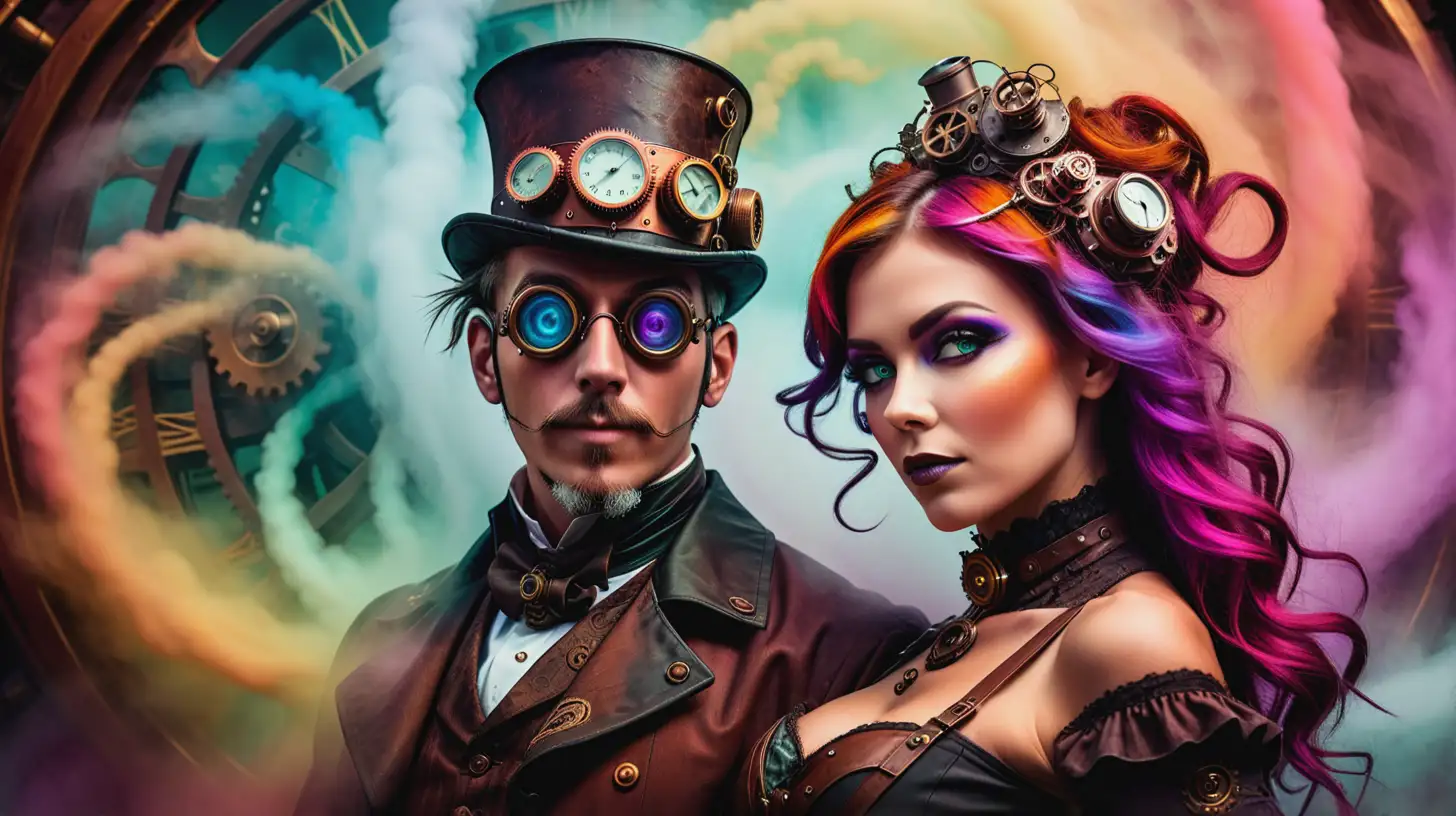 A closeup of a steampunk man with a steampunk woman, in front of a swirling colored mist in the background. Cinematic lighting, photographic quality, vibrant colors.