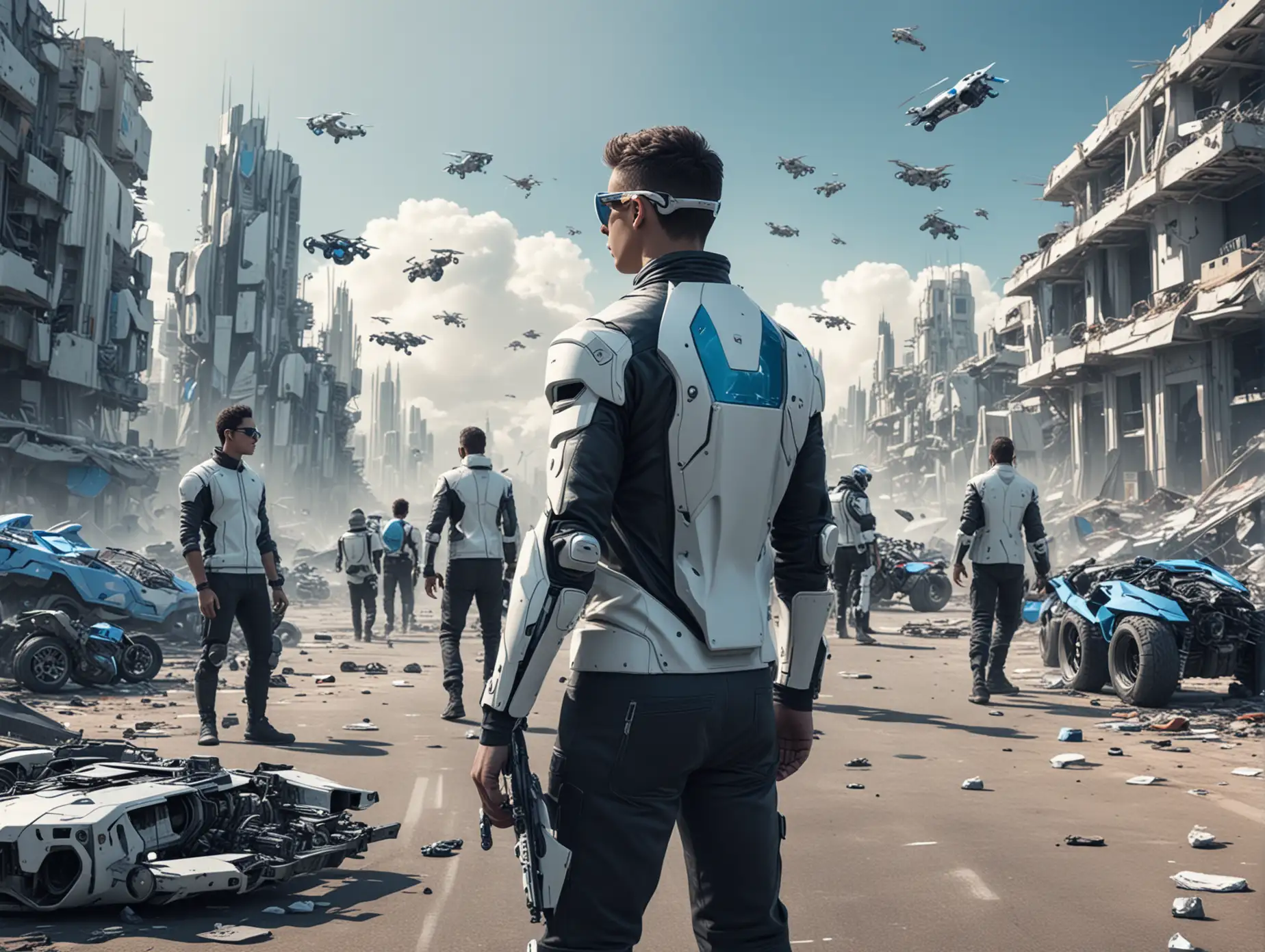 a futuristic group of tech men with cyber mobiles and remote controls in their hands and can be folded down cyber glasses. In the background a hyperfuturistic destroyed blue-white city and many futuristic vehicles like motorbikes, skateboards, spaceships and drones.