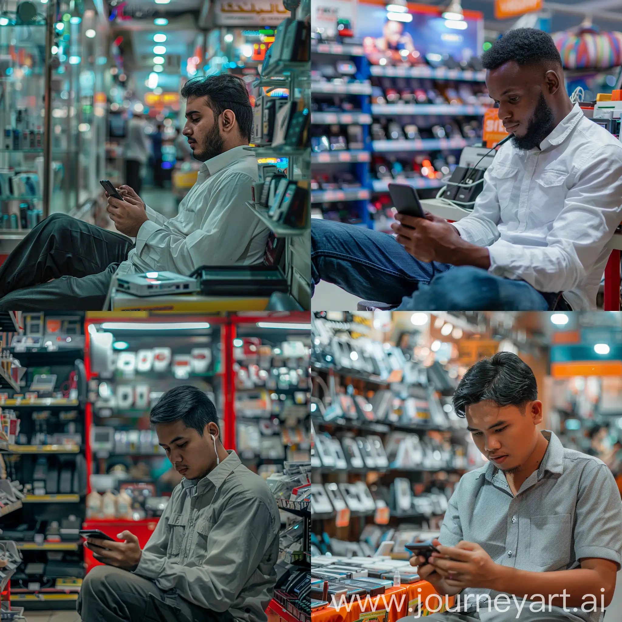 Работник палатки по продаже мелкой электроники в торговом центре сидит и смотрим в телефон потому что ему скучно