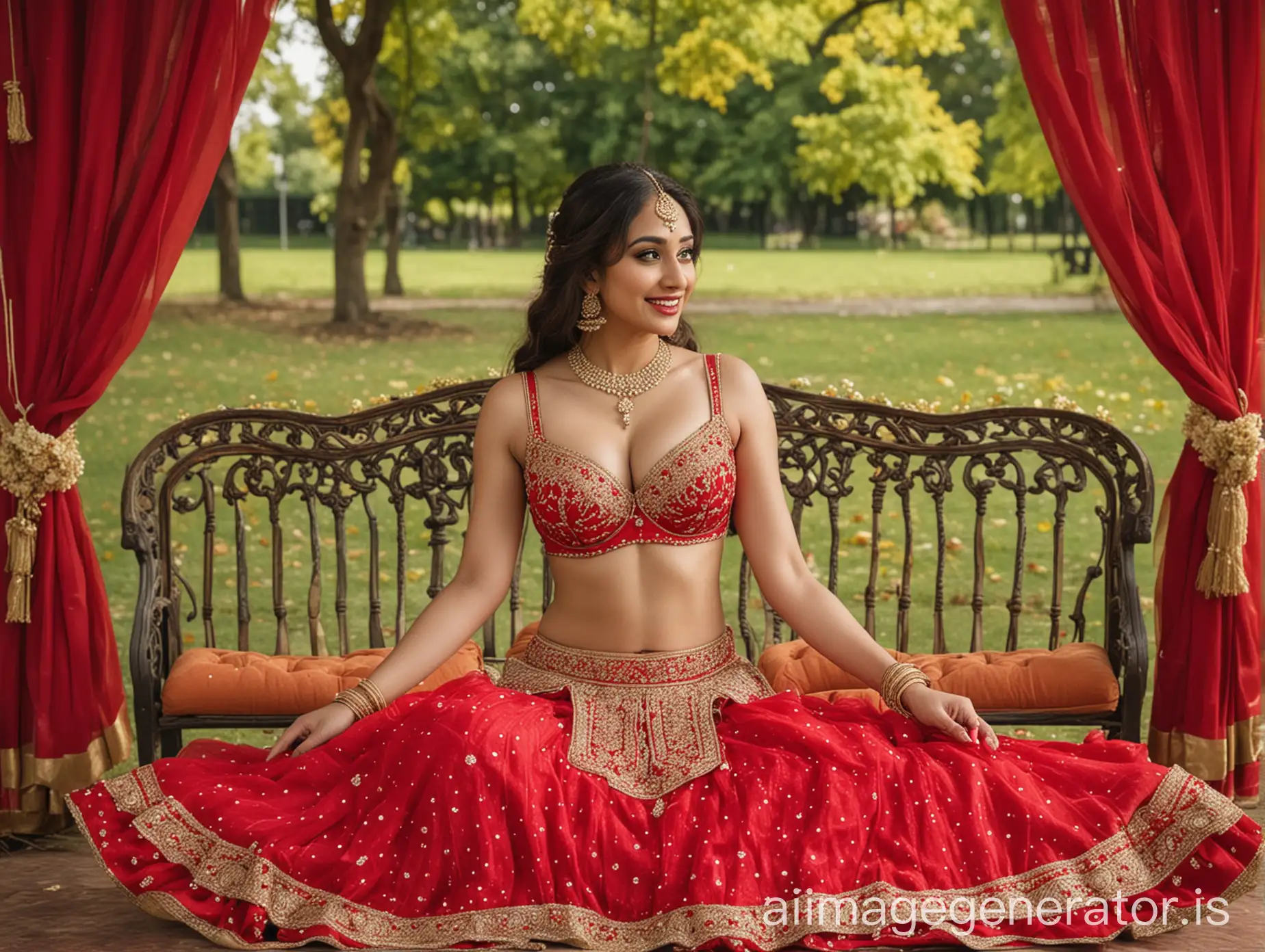 punjabi bride wearing red bra, sitting on the stage sofa in a park