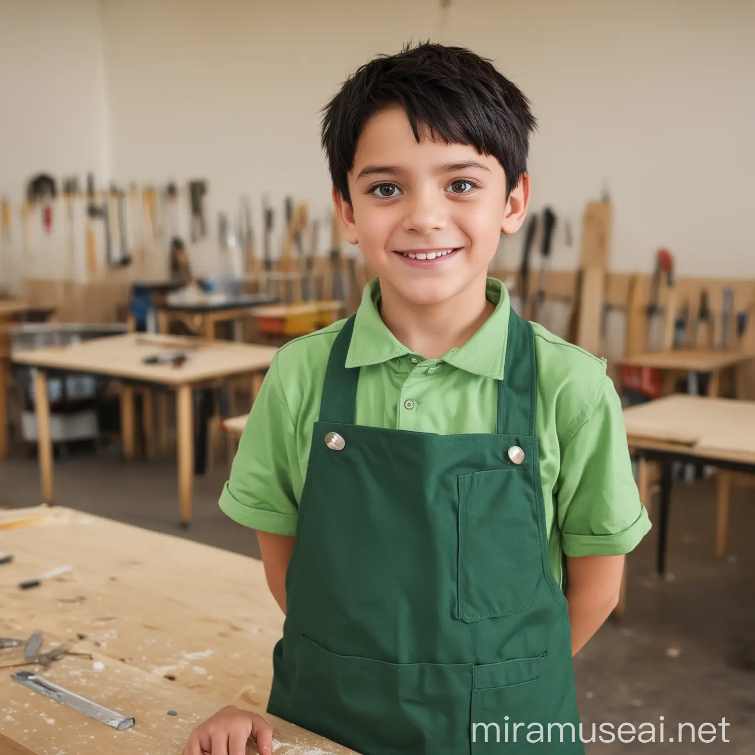 Smiling Boy in Green Carpentry Apron Doing Classroom Carpentry