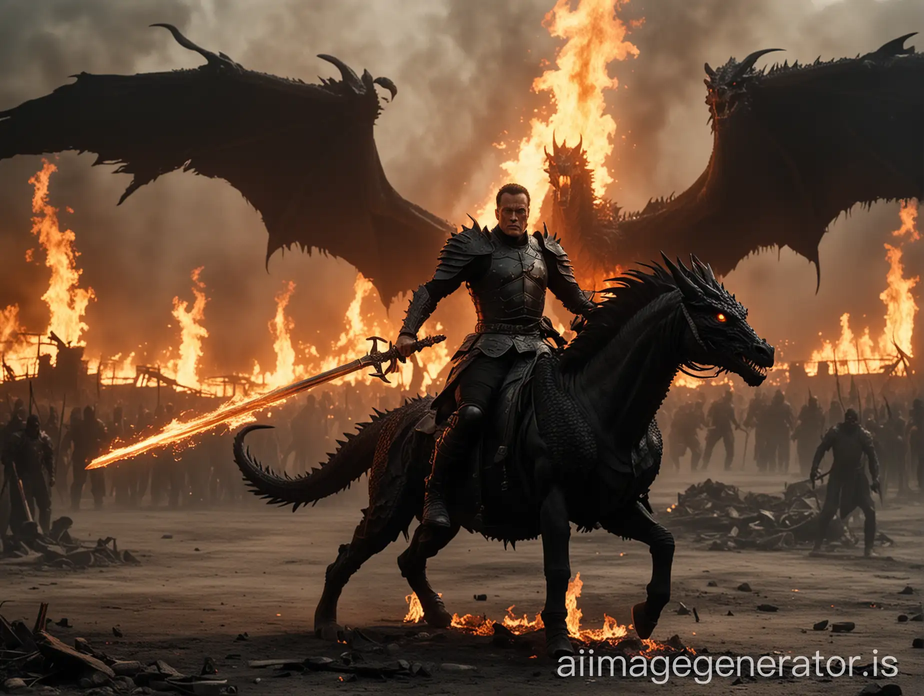 Jean-Claude Van Damme in black armor with a flaming sword, riding a black dragon. Wide shot in hell, fighting a demon