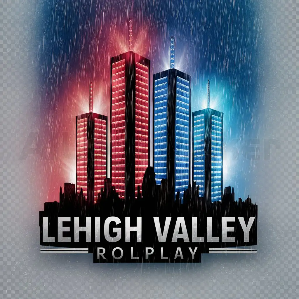 a logo design,with the text "Lehigh Valley RolePlay", main symbol:Skycrapers flashing red and blue lights with rain pouring down from the sky,Moderate,clear background