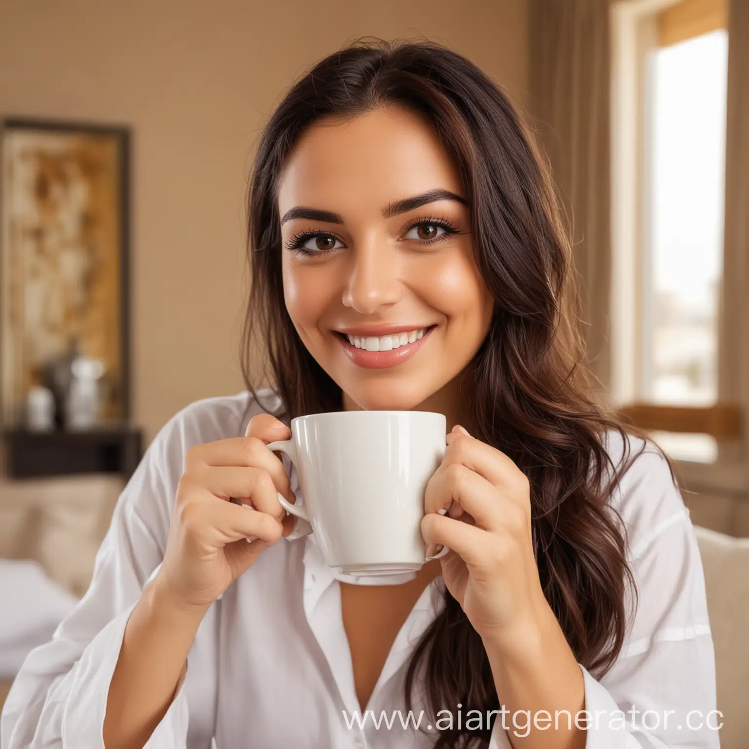 make a picture of a woman drinking a cup of coffee in the morning with pleasure in Dubai with a smile 