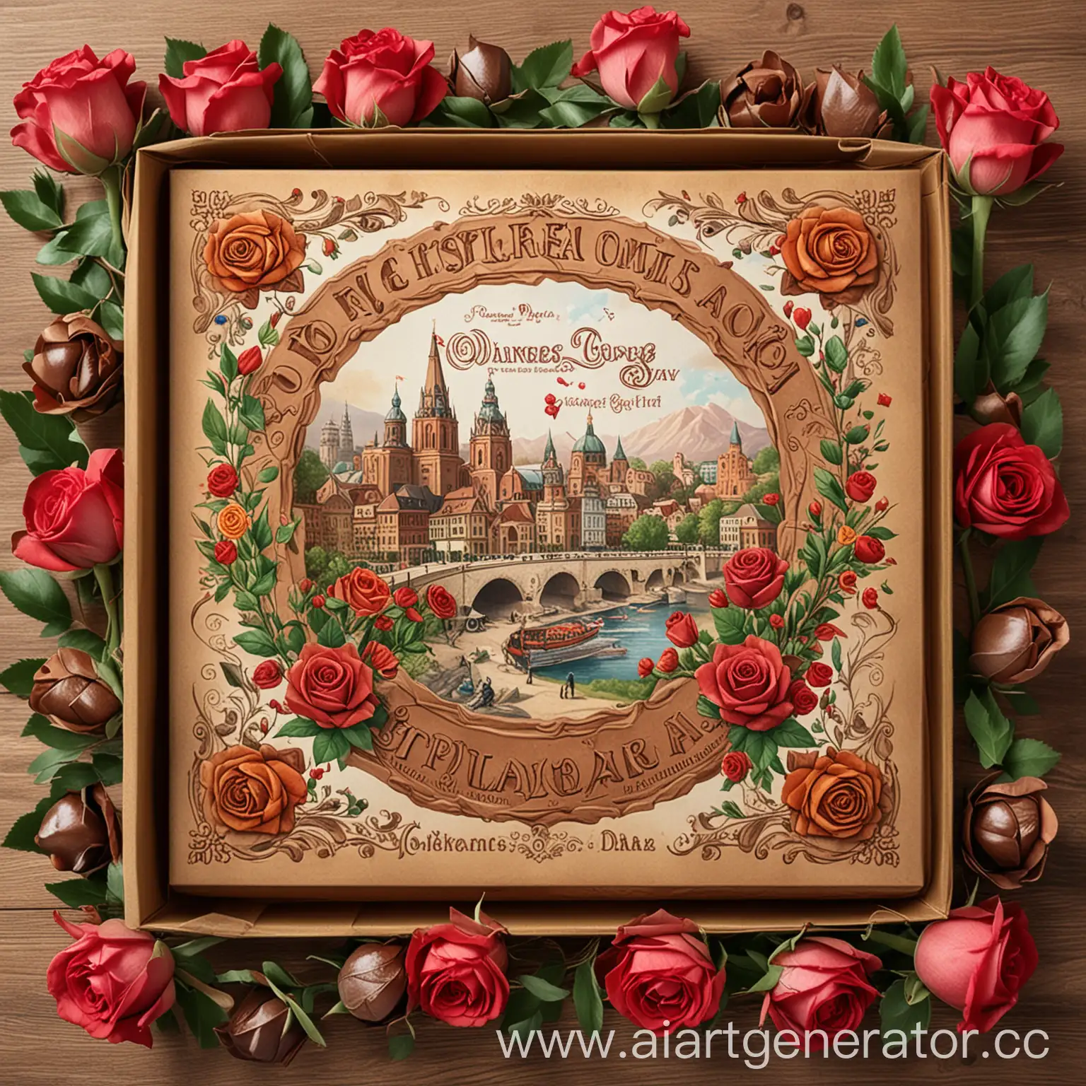 Дизайн коробки конфет , в честь праздника дня шахтера, города Донецка, необходимо в дизайне отобразить город, розы и терриконы