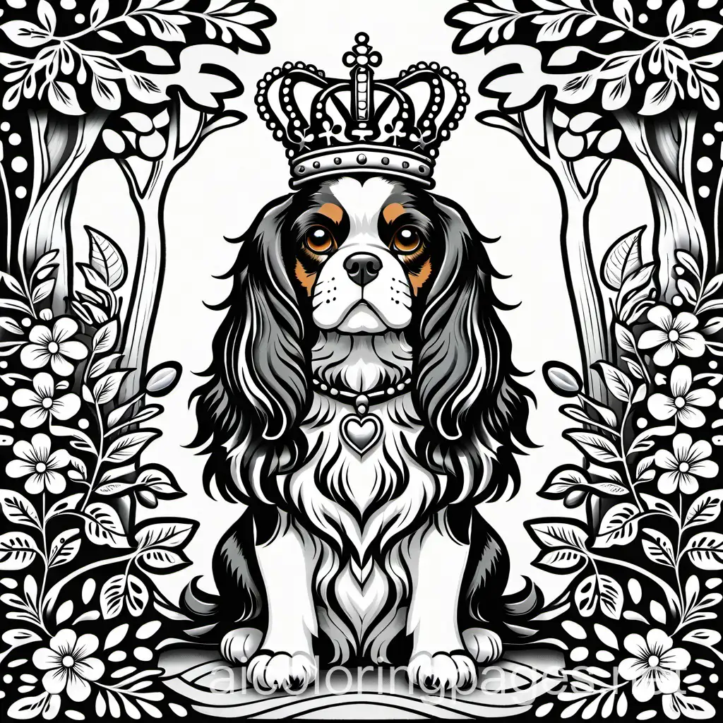 Cavelier King Charles Spaniel as a King in wonderland, Coloring Page, black and white, line art, white background, Simplicity, Ample White Space. The background of the coloring page is plain white to make it easy for young children to color within the lines. The outlines of all the subjects are easy to distinguish, making it simple for kids to color without too much difficulty