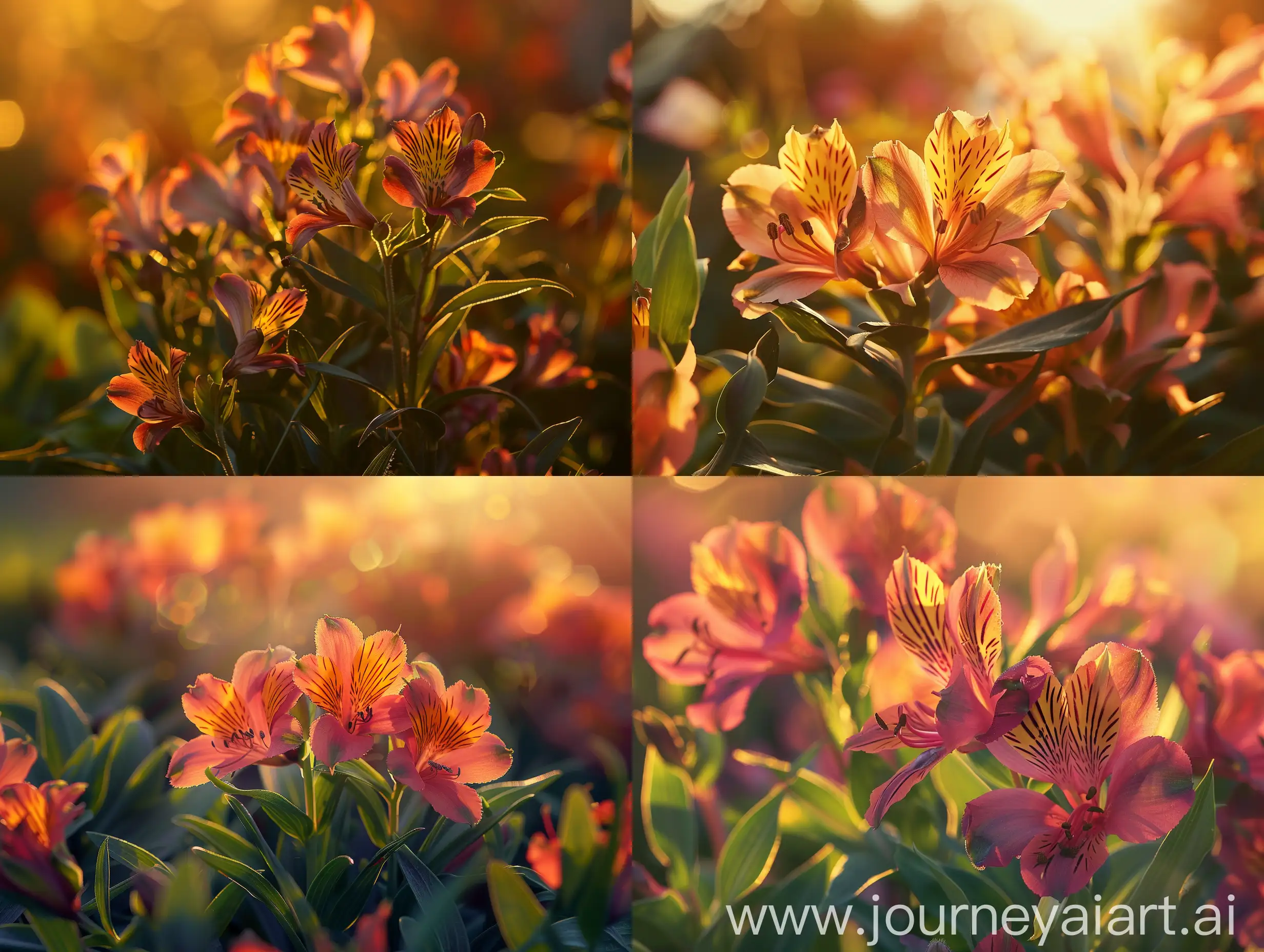 High detailed photo capturing a Alstroemeria, Indian Summer. The sun, casting a warm, golden glow, bathes the scene in a serene ambiance, illuminating the intricate details of each element. The composition centers on a Alstroemeria, Indian Summer. Beautiful sunset shades on top of neat dark green bronze foliage, Indian Summer is a perfect plant for floral arrangements. Flowering from June to November the compact plant habit produces tall upright stems perfect for a vase. This Peruvian lily is winte. The image evokes a sense of tranquility and natural beauty, inviting viewers to immerse themselves in the splendor of the landscape. --ar 16:9 