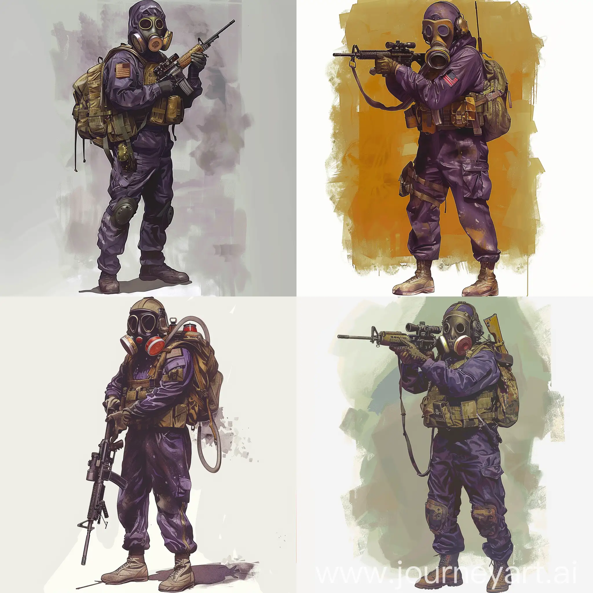 Concept character art, 1978 year SAS operator, dark purple military jumpsuit, hazmat protective gasmask on his face, small military backpack, military unloading on his body, sniper rifle in his hands. 