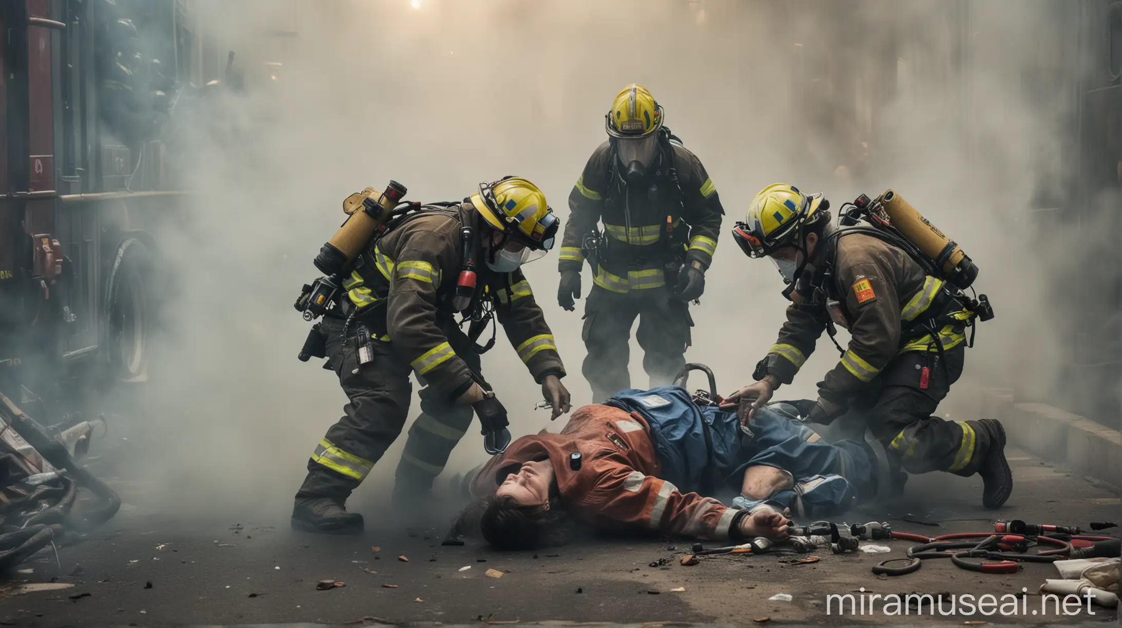two paramedics treating an unconscious patient in an environment of chaos surrounded by smoke, firefighters and police