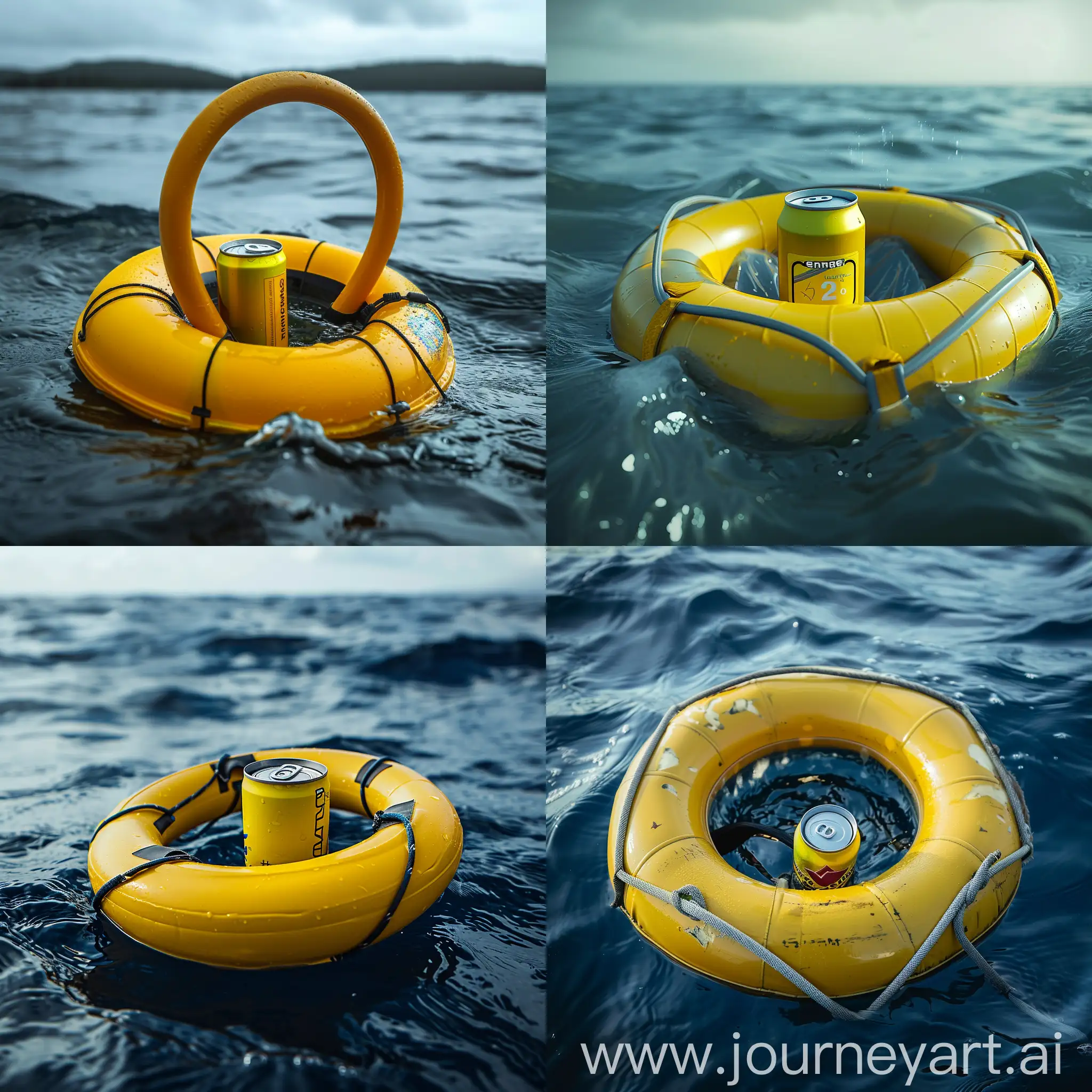  A yellow energy drink can inside a rescue tube in the middle of the sea. The rescue tube is completely around the can. photorealistic