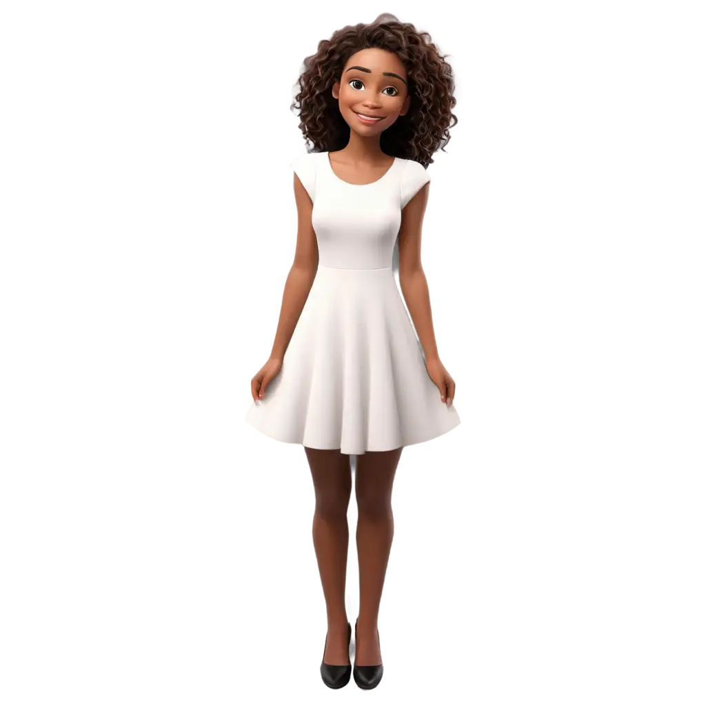 a cute short girl wearing a short white frock.smiley face.3d.disney style.skin color is fair. hair is short.lips are red. eyes are black.