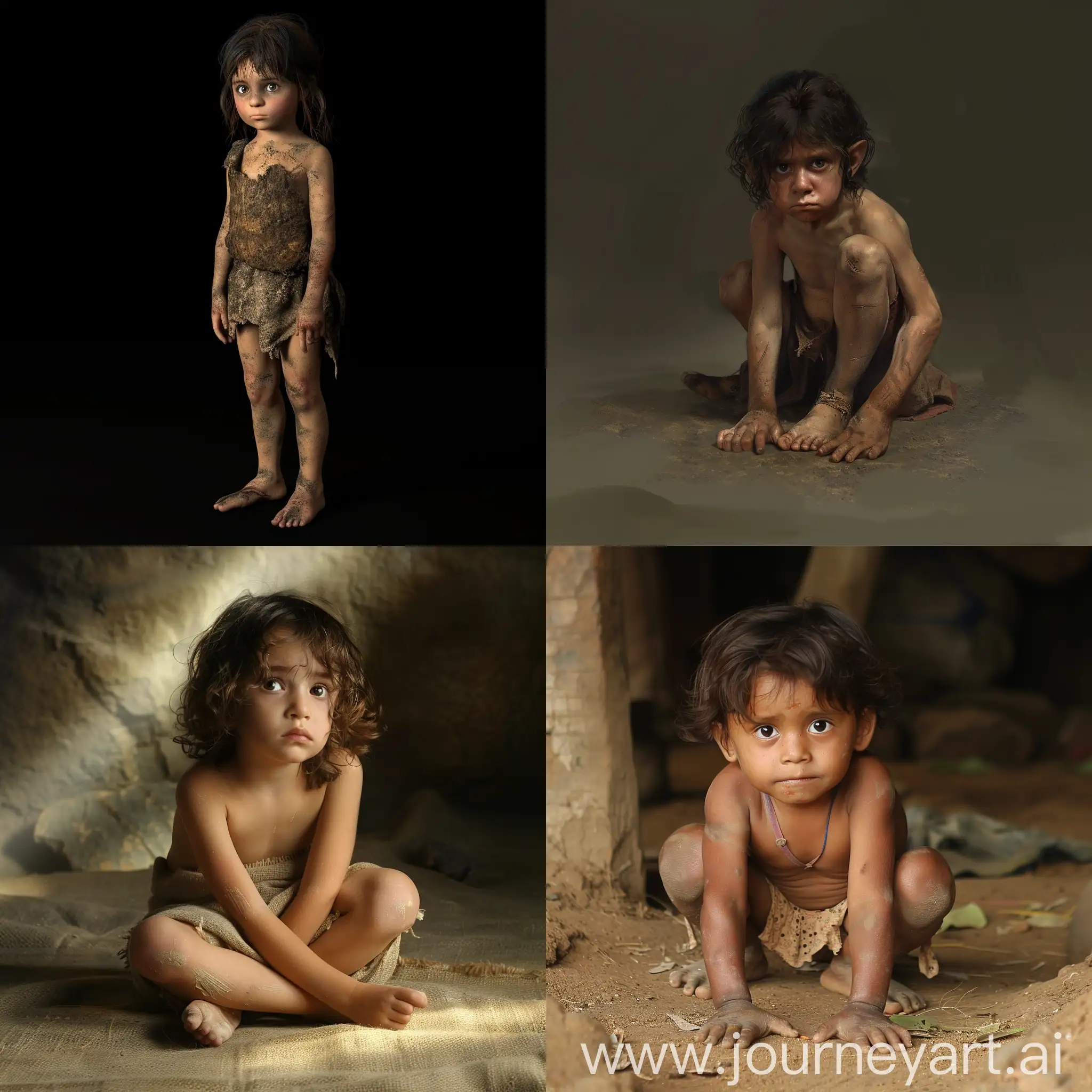 Generate an image of a child , she is a female and barefoot, she needs to be in the stone age