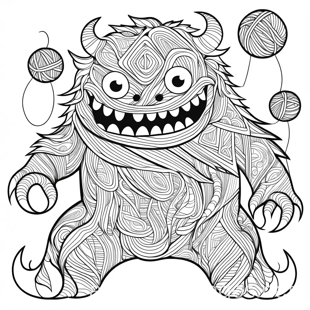 a coloring page of a playful monster made entirely out of tangled yarn and ripped-out knitting. The monster is depicted with a mischievous grin on its face, its eyes wide with excitement. Its body is a jumble of colorful yarn strands, knotted and twisted in various directions. The monster's arms are extended, each one composed of different types of yarn, some fuzzy, some smooth, all tangled together.  The monster is chasing a knitter, Coloring Page, black and white, line art, white background, Simplicity, Ample White Space. The background of the coloring page is plain white to make it easy for young children to color within the lines. The outlines of all the subjects are easy to distinguish, making it simple for kids to color without too much difficulty