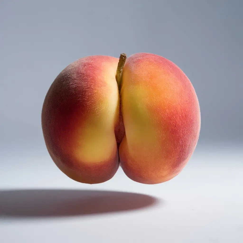 close up to detailed fresh peach resembling an ass floating on white background
