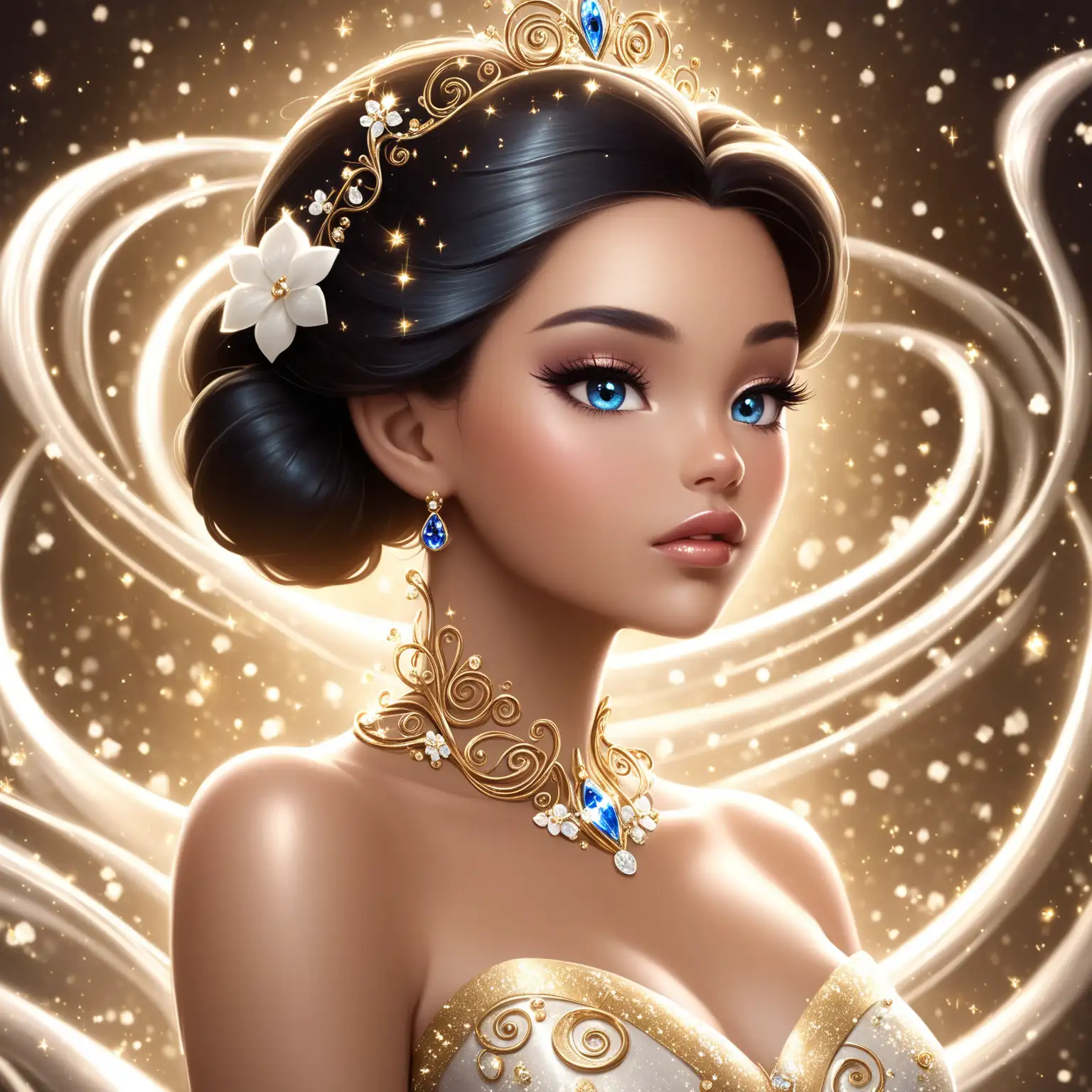 Beautiful Disney princess, full lips, long hair up in a sleek bun, princess gown, jewelry, glossy makeup, white flowers, magic swirls, gold sparks, cinched waist, close up