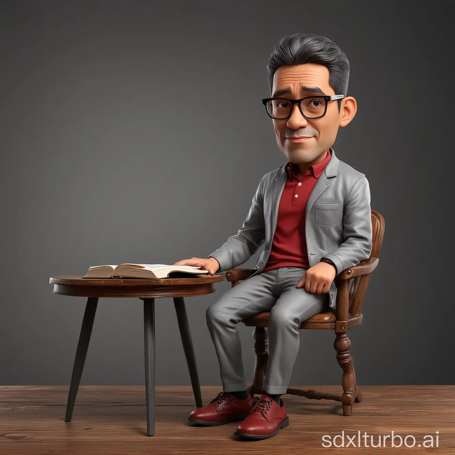 Create caricatures 3D realistic cartoon style full body with big head. A 50 year old Indonesian man. Short hair parted on the side. Sitting relaxed in a chair with dark red wing backs. Wearing rectangular glasses. Wearing a gray jacket and trousers that look worn. Wearing dark brown shoes. The index finger of the right hand is pressed to the head. left hand holding a book. Face facing the book, gaze straight at the camera. Beside it there is a classic wooden table. The background color is dark grey. Use soft photographic lighting, dramatic overhead lighting, very high image quality, clear character details, UHD, 16k, 3d Rendering, very realistic.
