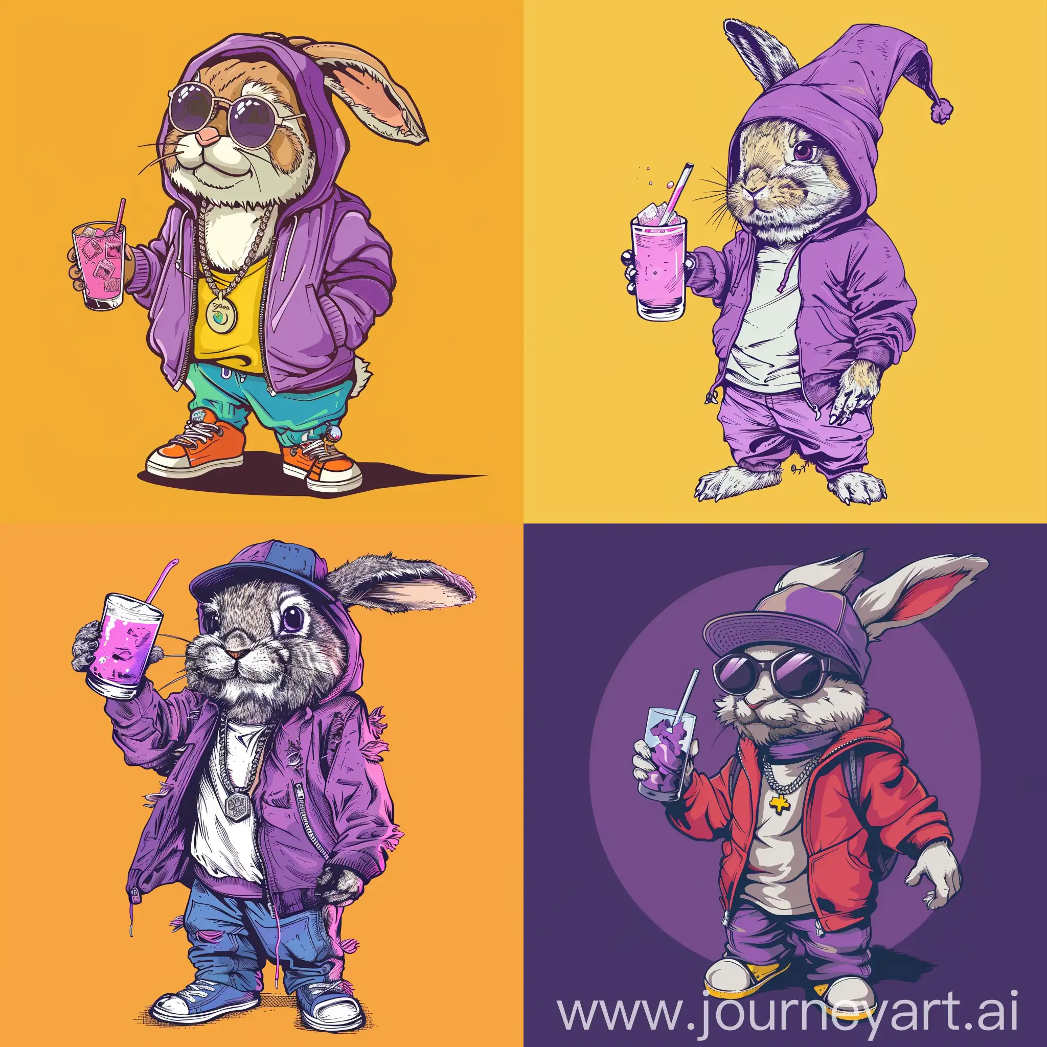 What would Quicky the Nesquik Bunny look like if he became a modern beatmaker and wrote beats for rappers. Quickie the bunny in full-length, holds glass with ice, purple drank and sprite in his hands. vector image in y2k style. print for Balenciaga T-shirt.