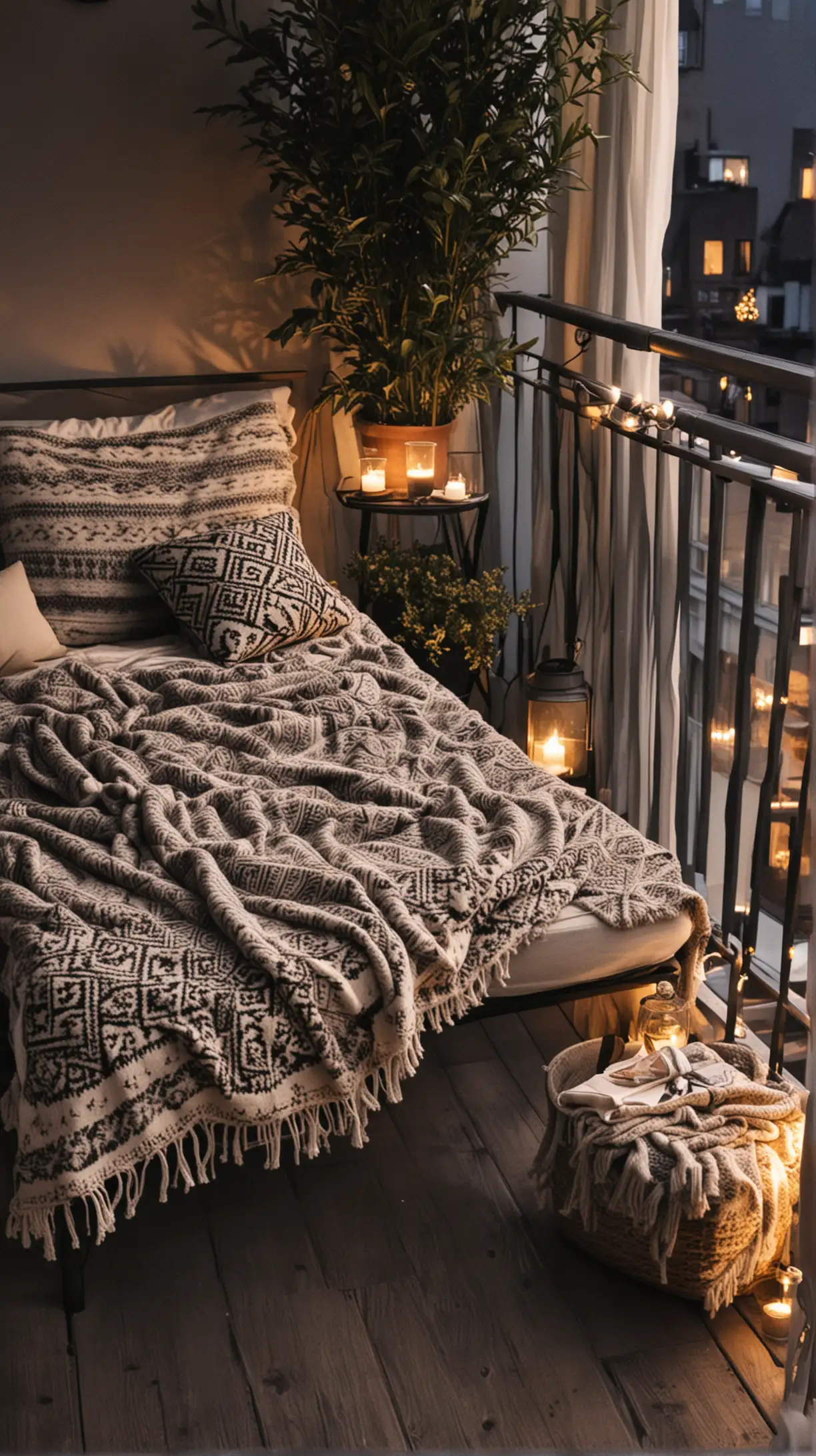Cozy balcony setup with layered blankets in various patterns, ready for a chilly evening.
