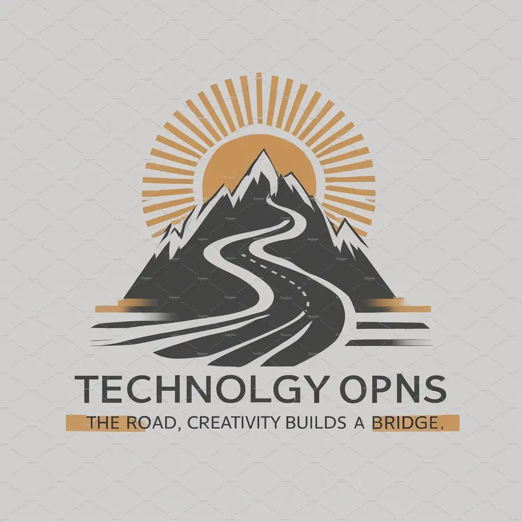 a logo design,with the text "technology opens the road, creativity builds a bridge", main symbol:mountain sun road,complex,be used in Technology industry,clear background