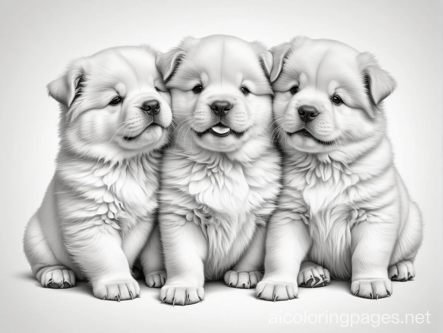 chow puppies playing together, Coloring Page, black and white, line art, white background, Simplicity, Ample White Space. The background of the coloring page is plain white to make it easy for young children to color within the lines. The outlines of all the subjects are easy to distinguish, making it simple for kids to color without too much difficulty