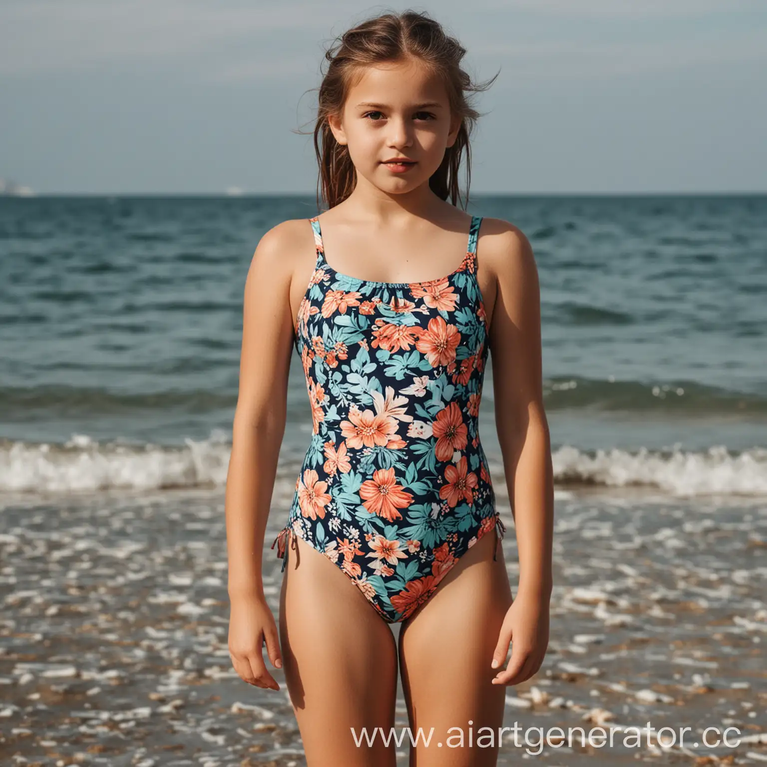 Девочка с фотографии стоит на берегу моря в купальнике
