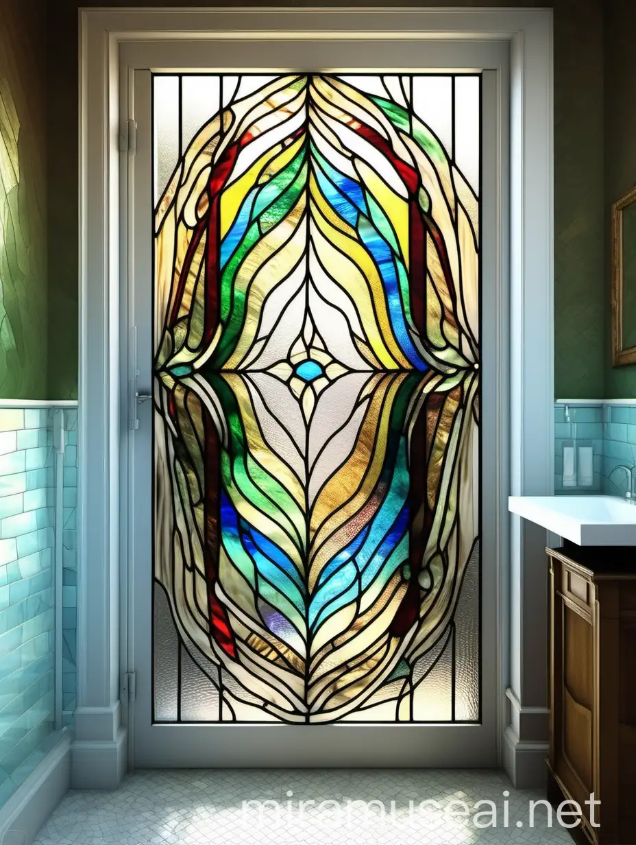 витраж на двери с абстрактными плавными линиями  из цветного стекла  в стиле винтаж в ванной комнате