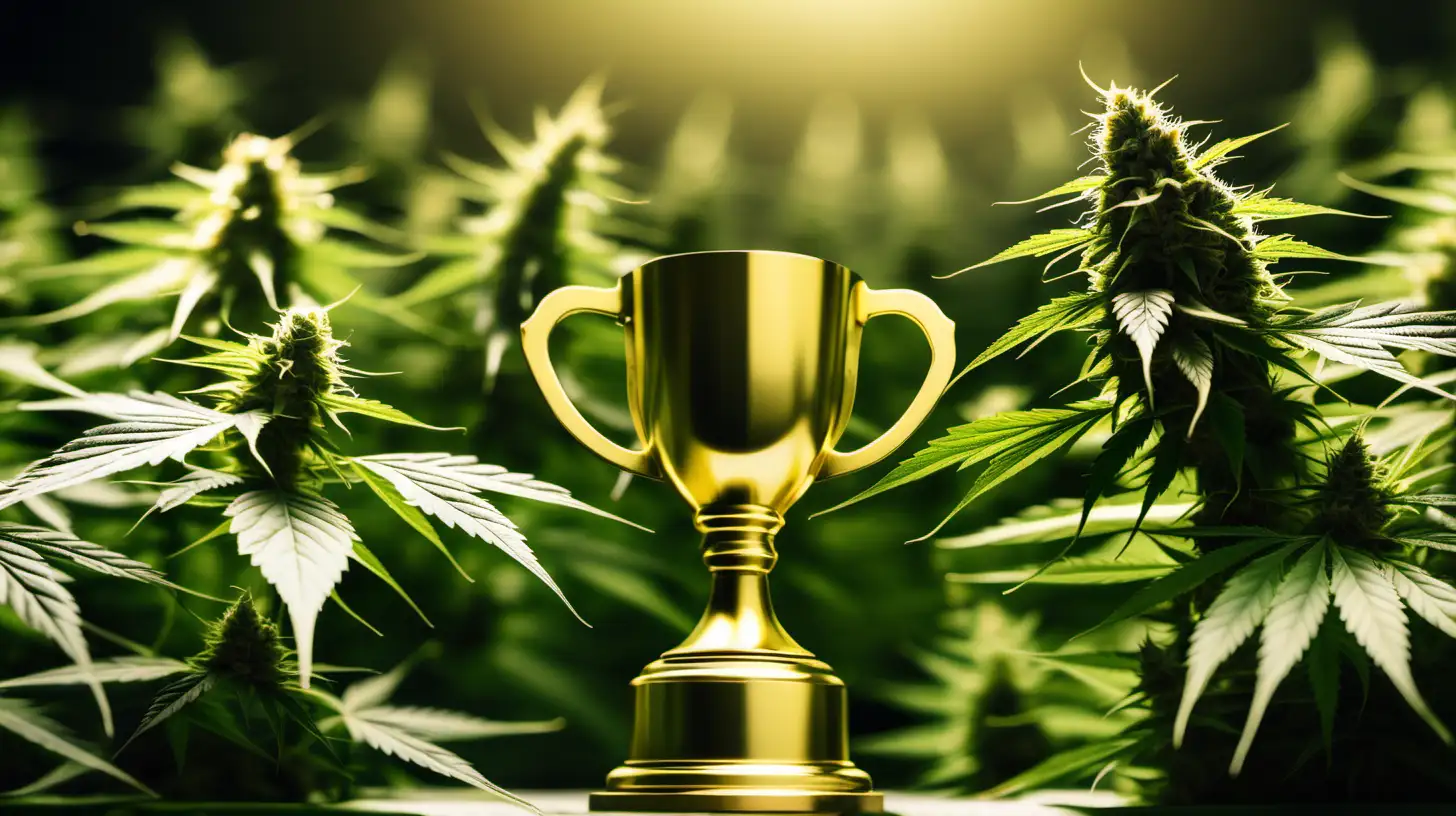 cannabis grow close up with a gold trophy front and center 