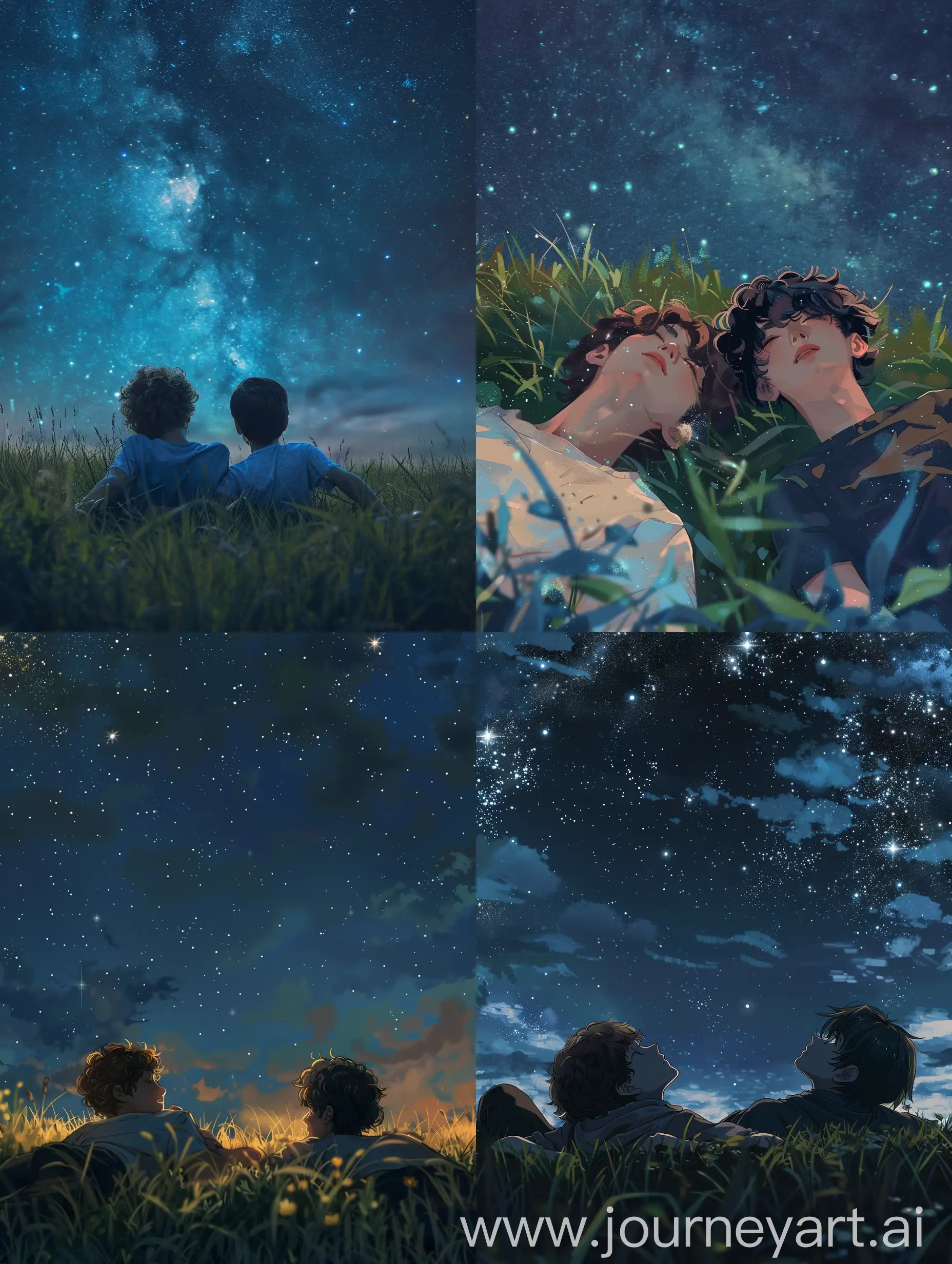 Two-Young-Men-Stargazing-in-Serene-Night-Field