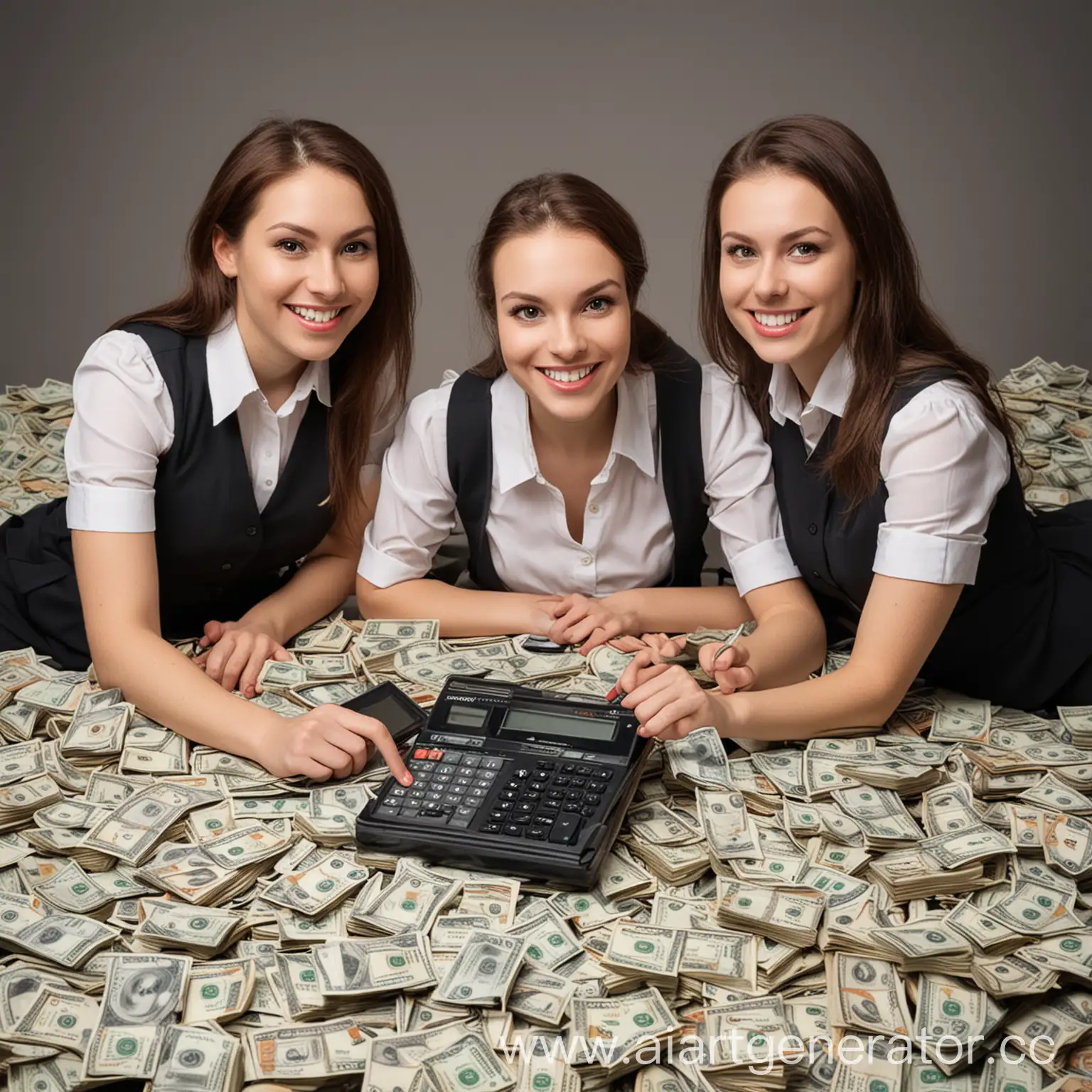 Отдел из бухгалтерии, состоящий из женщин с калькуляторами сидит на пачках денег и улыбается