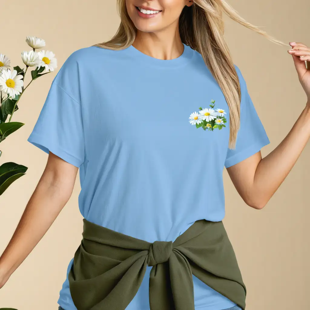 Blonde woman wearing gildan 5000 carolina blue oversized t-shirt mockup, with flowers on the background, body facing front