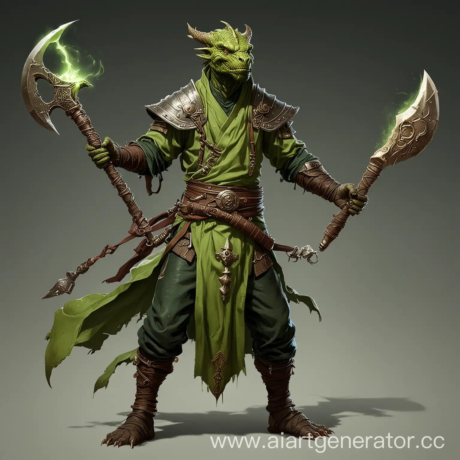 Acid green Topaz Dragonborn Monk, D&D character concept art, weapons: sickle and light hammer, necrotic energy, without armor