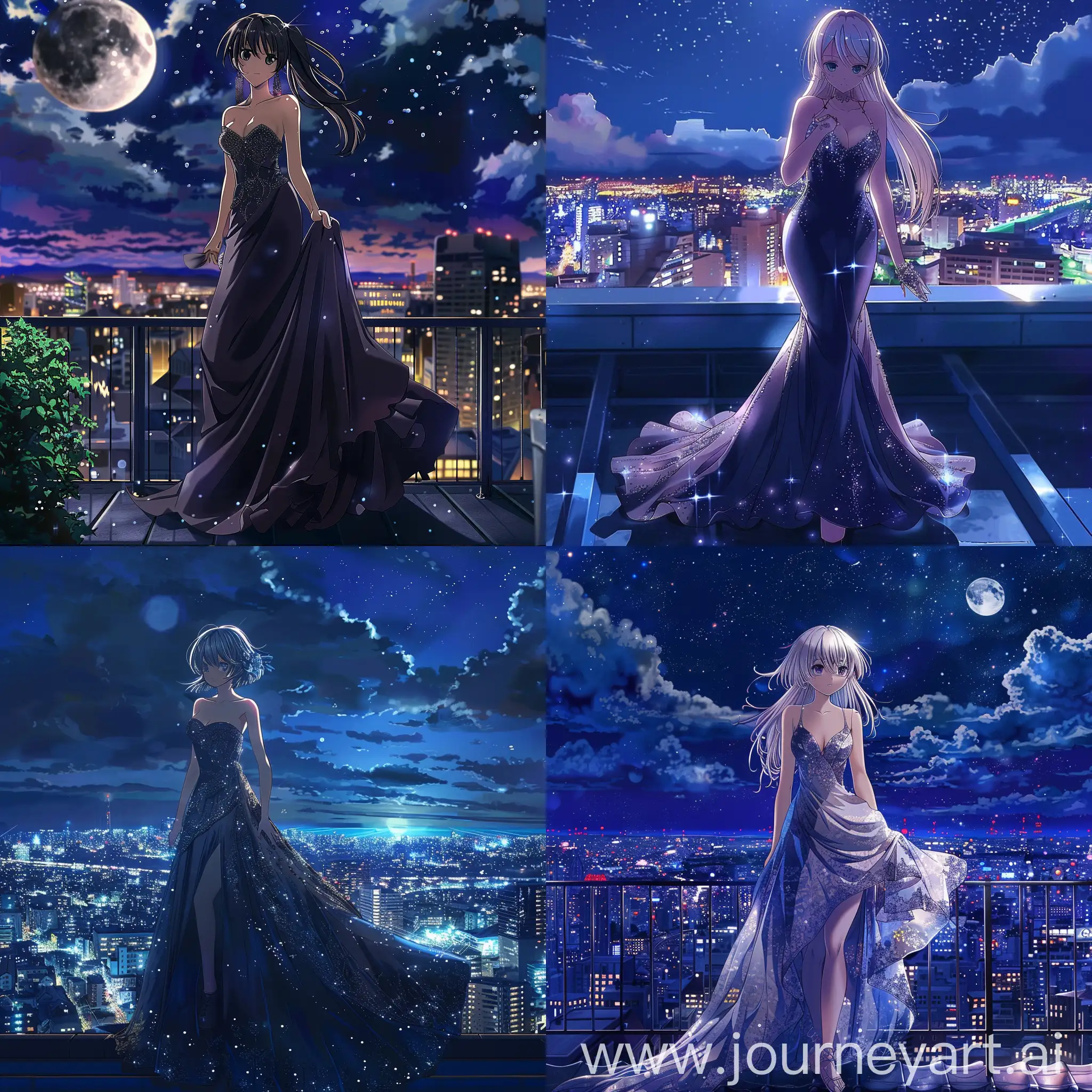 Создай аниме девушку возраста примерно 17 лет одетую в в вечернее платье стоящих на крыше перед ночным городом