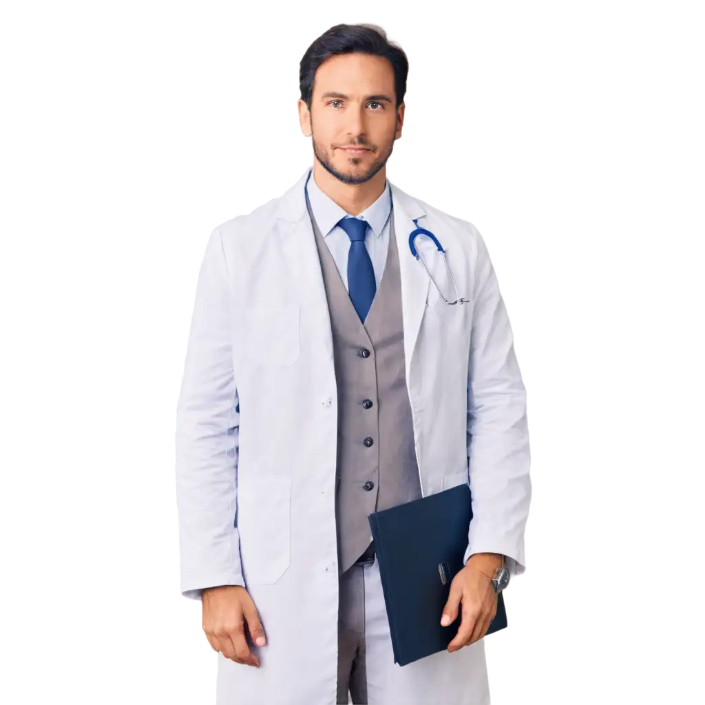Professional male doctor in a white coat, passport-size photo, clean background, formal appearance
