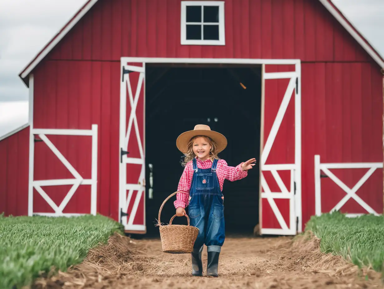 Young Girl Farmer Playing by Red Barn