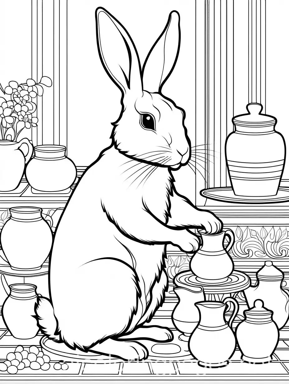 Rabbit-Pottery-Making-Coloring-Page-Whimsical-Line-Art-on-White-Background