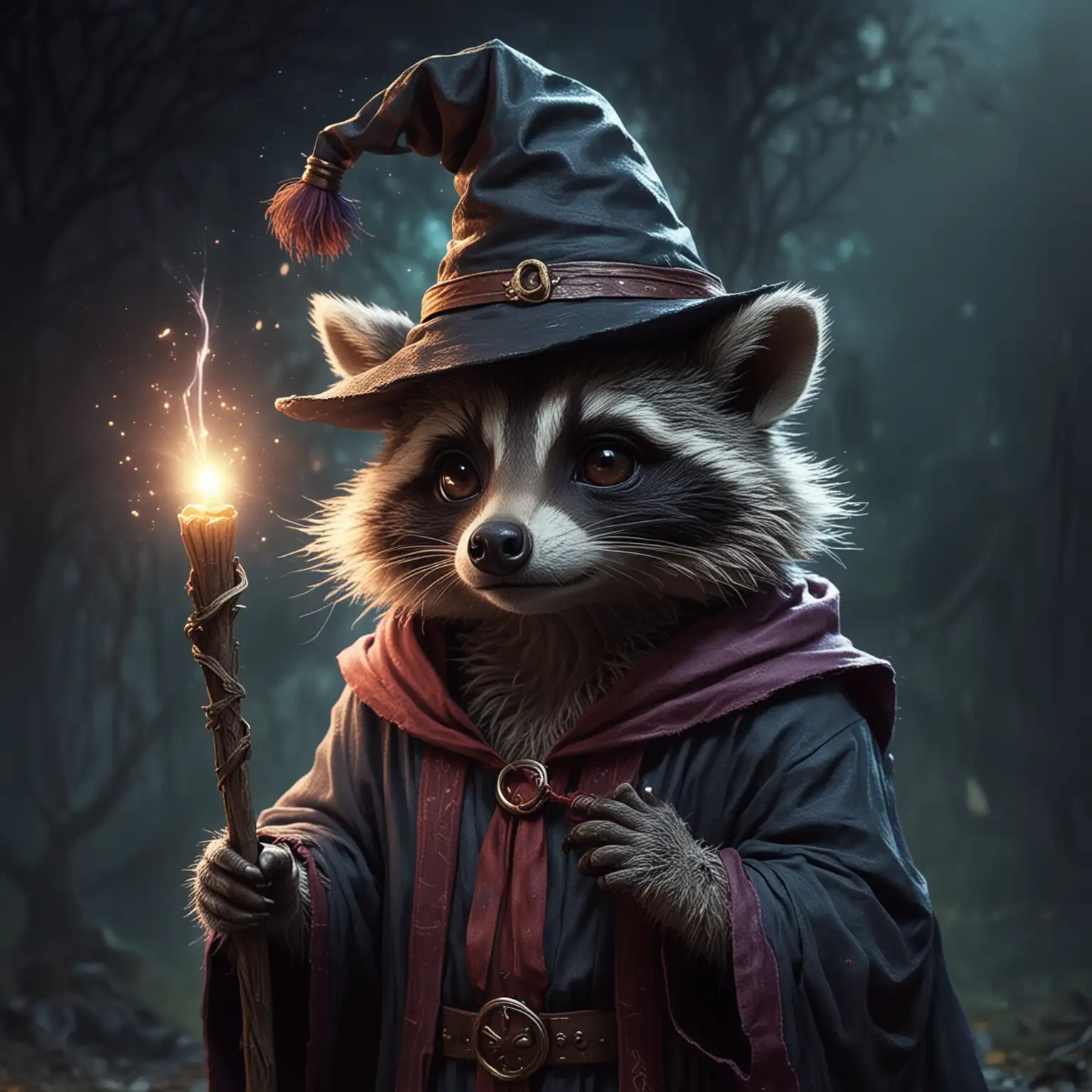 Magical Raccoon Wizard Conjuring Enchantment in Retro 80s Fantasy Scene