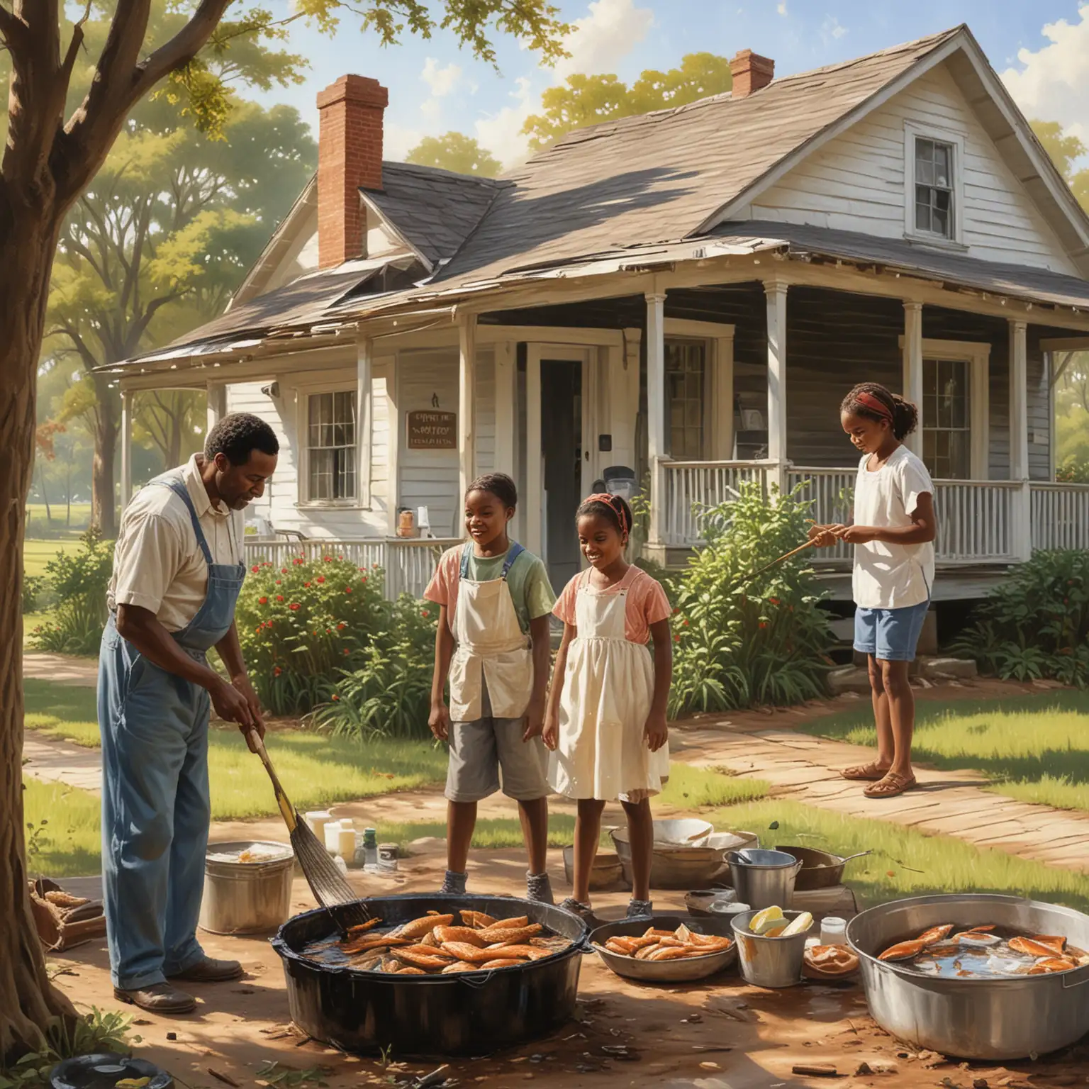 paint a picture of a southern style African American family having an outdoor fish fry,  from freshly caught fish, cleaning and frying, paint an old southern house in the background, 