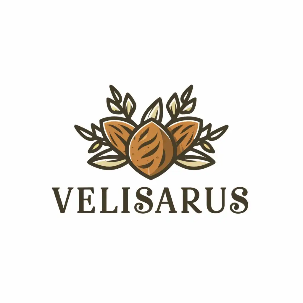 a logo design,with the text "VELISARUS", main symbol:Almond, almond leaves, almond tree, almond nut,complex,clear background